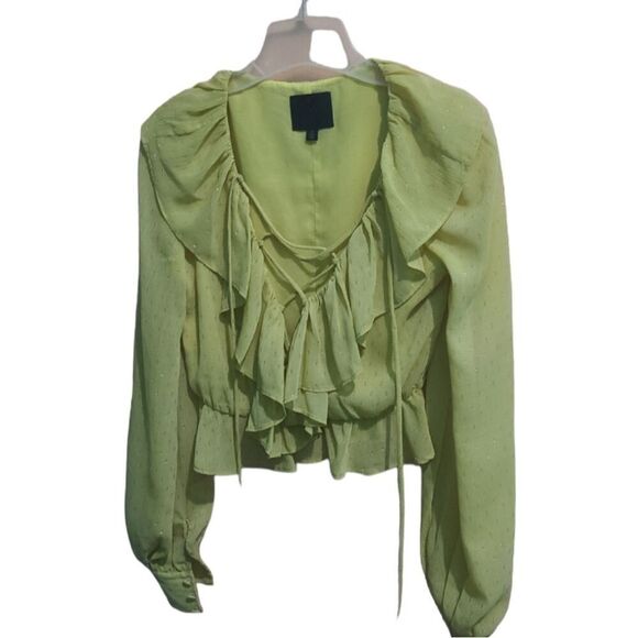 X by NBD Mustard Long Sleeve Ruffle Lace Up Top - Picture 8 of 10